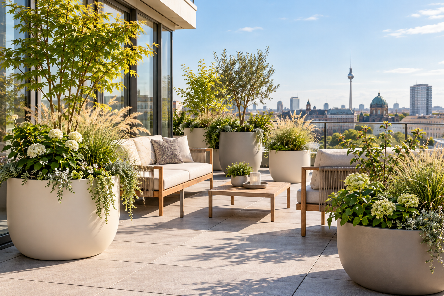 Beispiel einer Terrasse mit bepflanzten Gefäßen