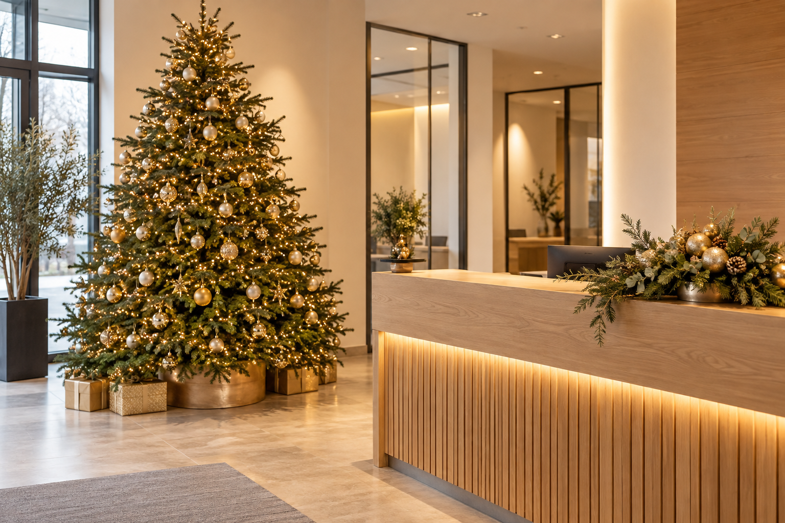 Beispiel eines Firmenempfangs mit Weihnachtsbaum und Gesteck
